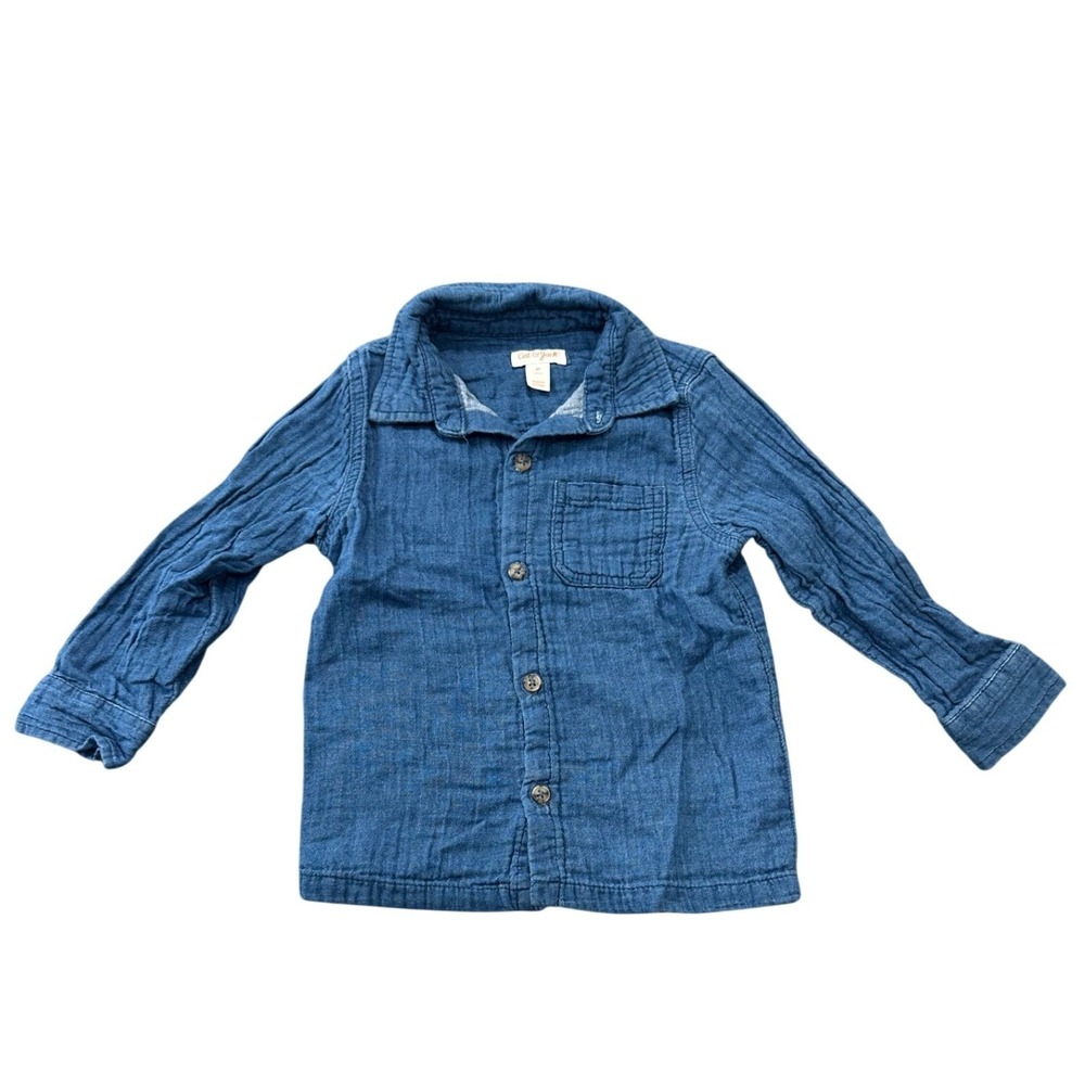 Cat & Jack Boys Blue Gauze Long Sleeve Button Down Shirt Size 3T Indigo